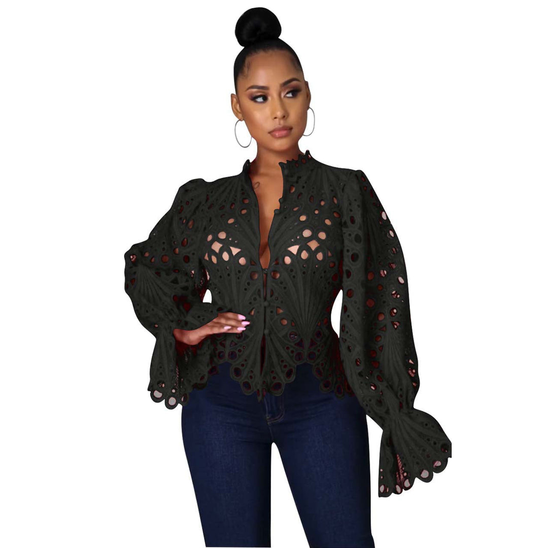 Cutout Lace Flounce Sleeve Blouse in Black — VerolynBoutique