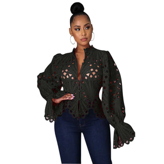 Cutout Lace Flounce Sleeve Blouse in Black — VerolynBoutique