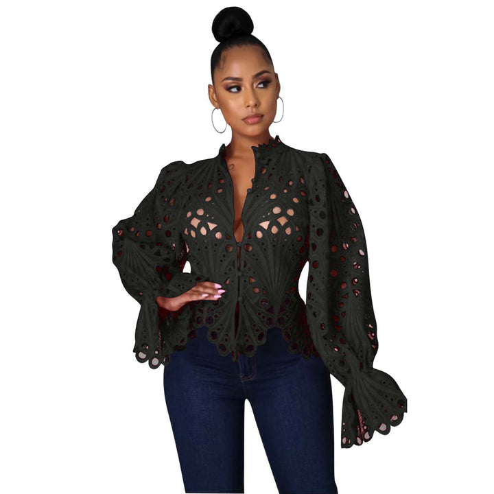 Cutout Lace Flounce Sleeve Blouse in Black — VerolynBoutique