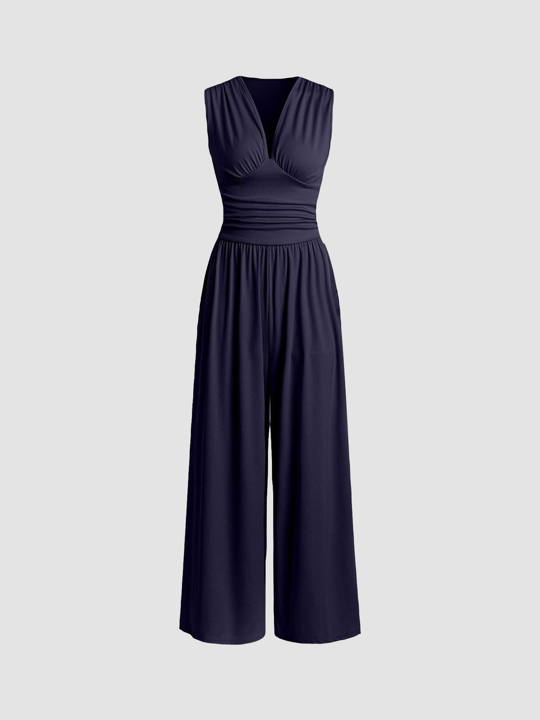 Ruched V-Neck Wide-Leg Jumpsuit in Navy — VerolynBoutique