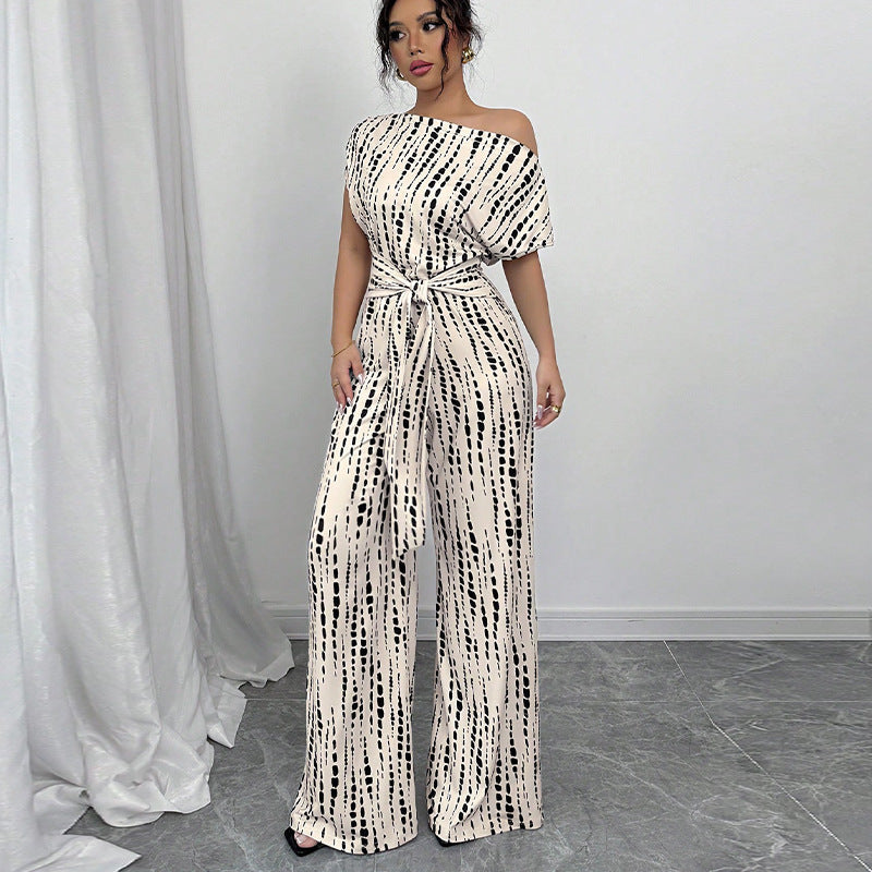 Asymmetric Tie-Waist Print Jumpsuit in Ivory & Black — VerolynBoutique