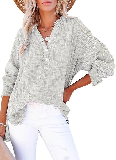 Textured V-Neck Button Blouse in Light Grey — VerolynBoutique