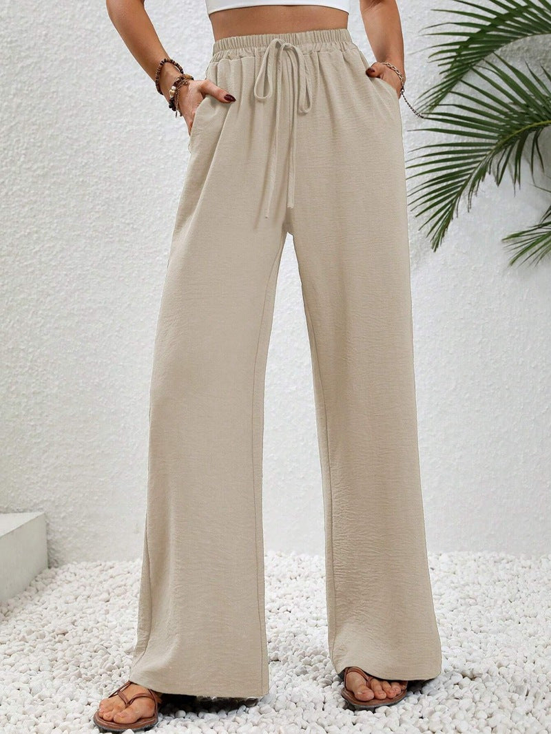 Flowy Drawstring Wide Leg Trousers in Beige — VerolynBoutique