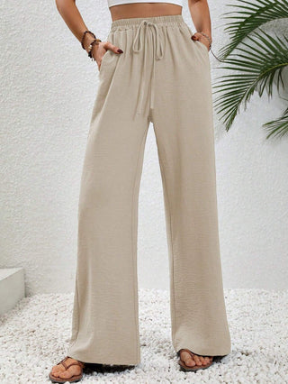 Flowy Drawstring Wide Leg Trousers in Beige — VerolynBoutique