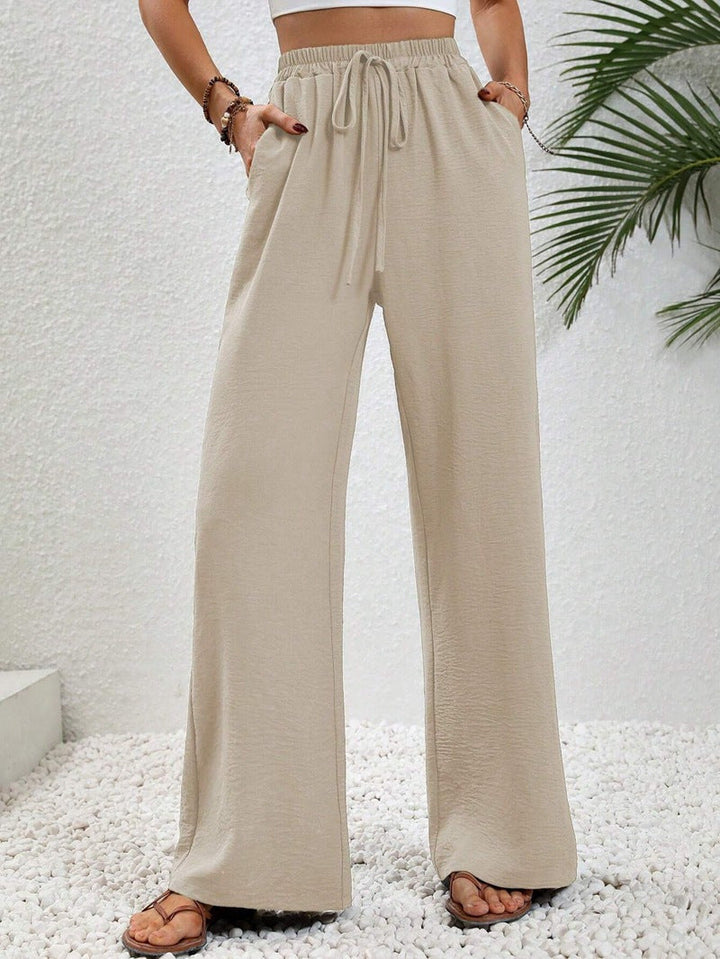 Flowy Drawstring Wide Leg Trousers in Beige — VerolynBoutique
