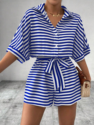 Striped Collared Tie-Front Romper in Blue — VerolynBoutique