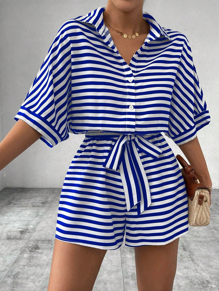 Striped Collared Tie-Front Romper in Blue — VerolynBoutique
