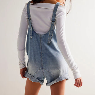 Denim Dungaree Shorts Romper in Sky Blue — VerolynBoutique