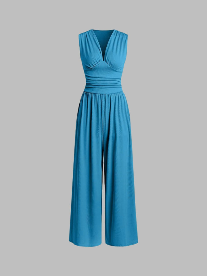 Ruched V-Neck Wide-Leg Jumpsuit in Blue — VerolynBoutique