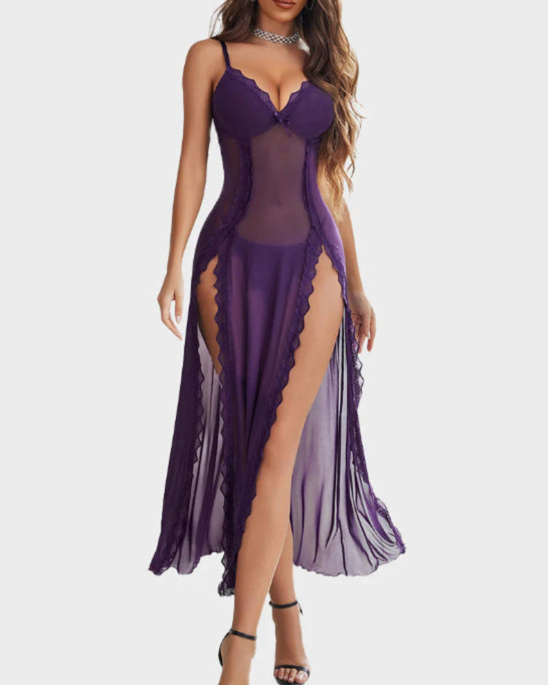 Sheer Lace Trim Maxi Nightdress in Purple — VerolynBoutique