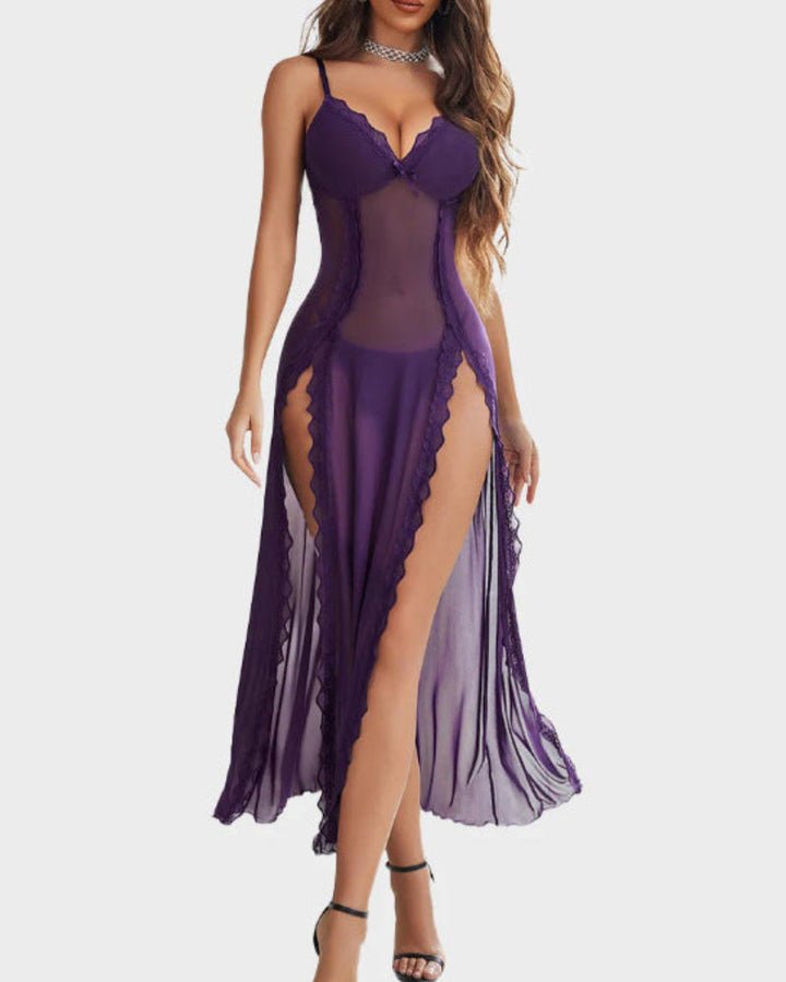 Sheer Lace Trim Maxi Nightdress in Purple — VerolynBoutique