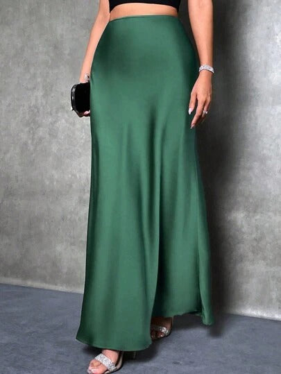 Satin High-Waist Maxi Skirt in Olive — VerolynBoutique