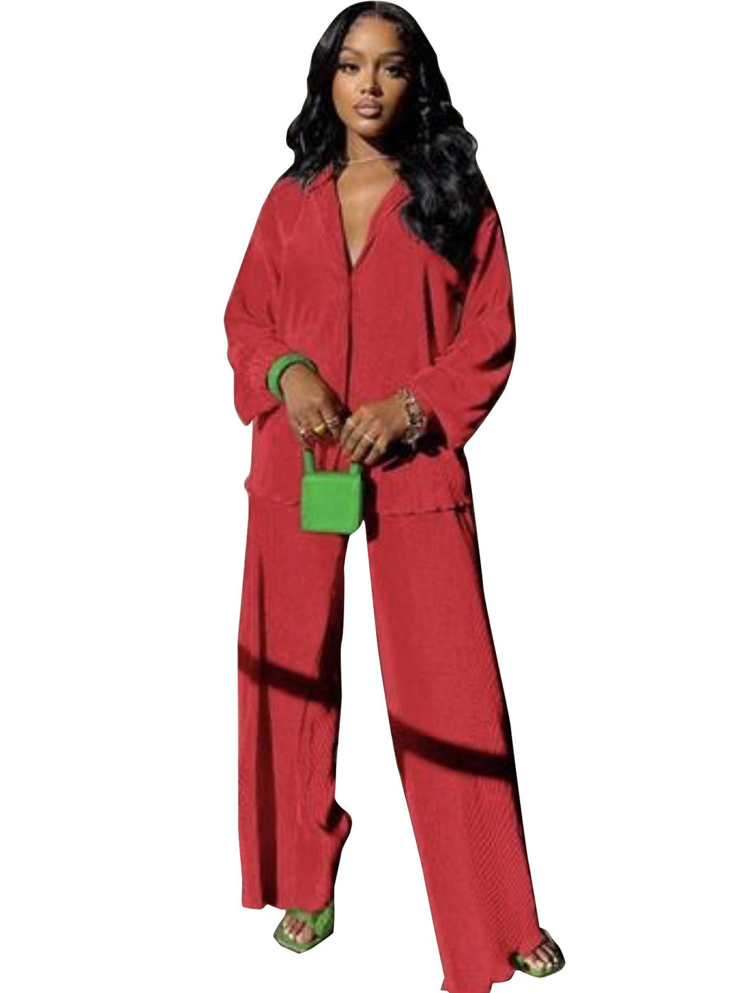 Collared Shirt Wide-Leg Trouser Set in Red — VerolynBoutique