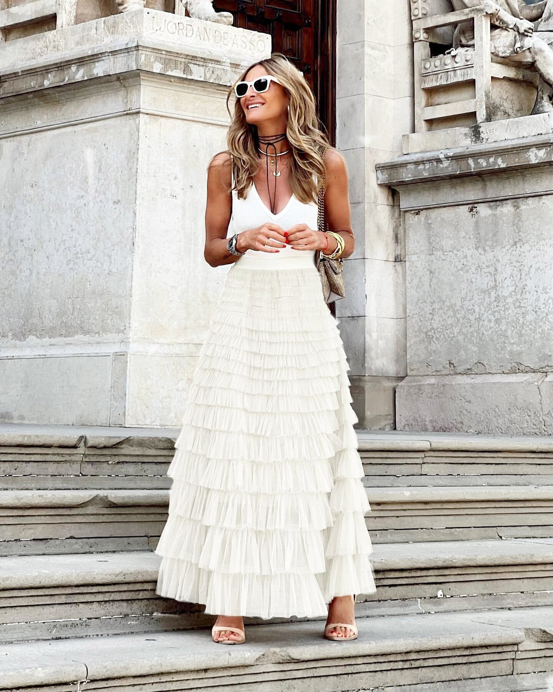 Tiered Ruffle Maxi Skirt in White — VerolynBoutique