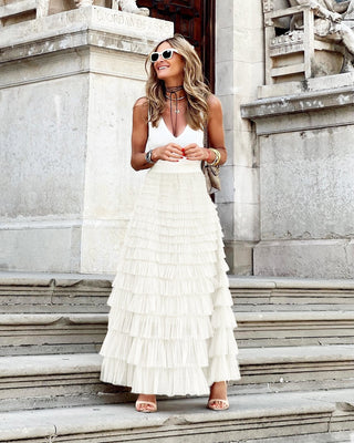 Tiered Ruffle Maxi Skirt in White — VerolynBoutique