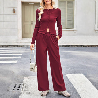 Slim Round Neck Lounge Set in Burgundy — VerolynBoutique