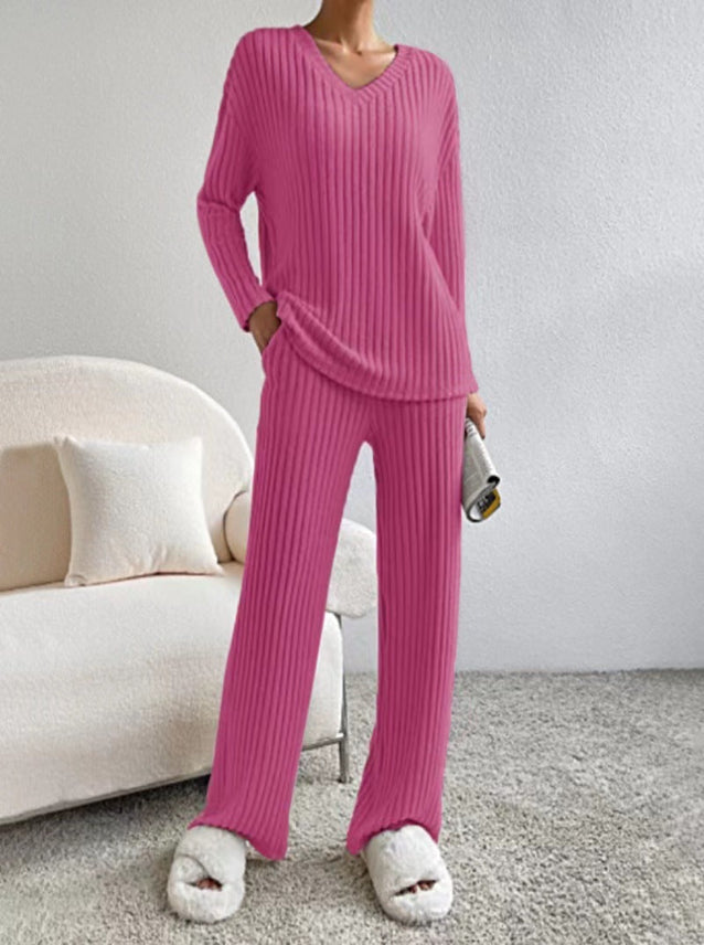 Ribbed V-Neck Lounge Set in Pink — VerolynBoutique