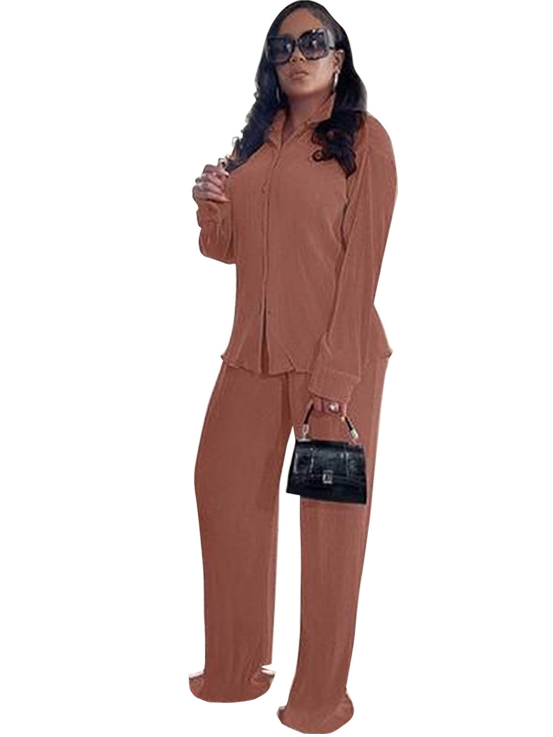 Collared Shirt Wide-Leg Trouser Set in Brown — VerolynBoutique