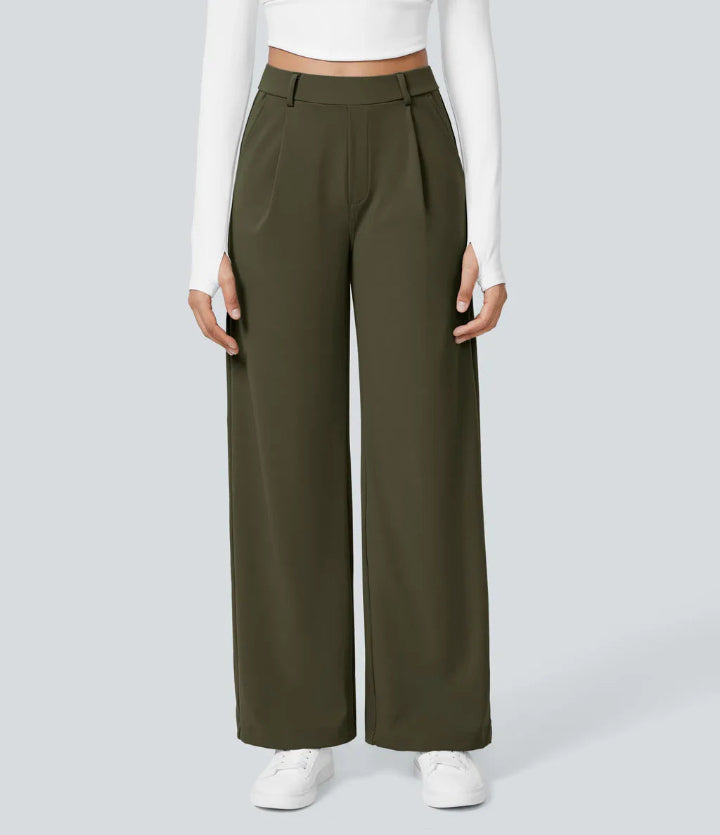 Pleated Front Wide Leg Trousers in Green — VerolynBoutique