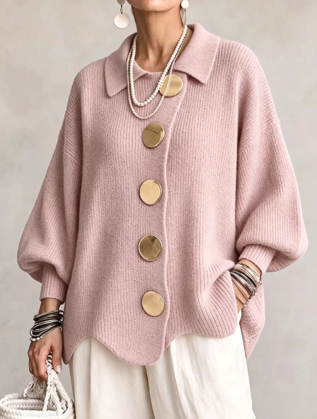 Gold Button Oversized Cardigan in Pink — VerolynBoutique
