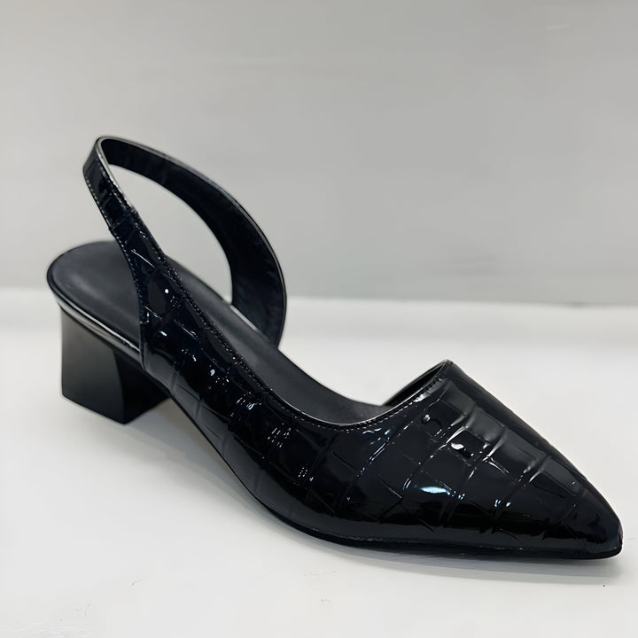Croc-Effect Slingback Block Heels in Black — VerolynBoutique