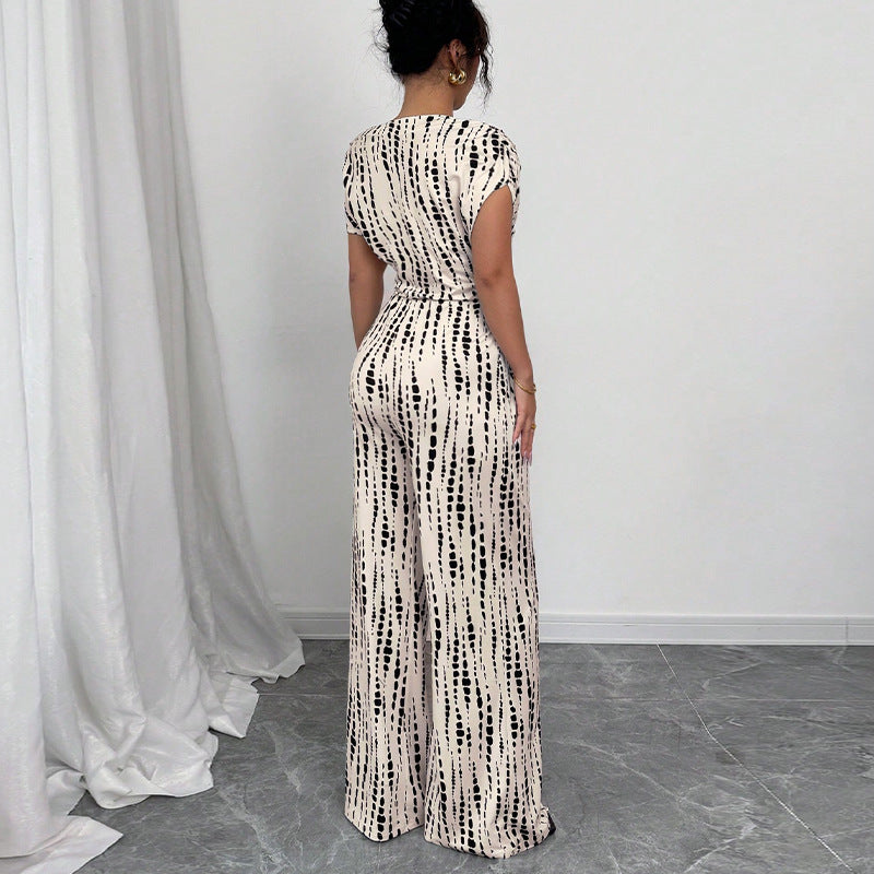 Asymmetric Tie-Waist Print Jumpsuit in Ivory & Black — VerolynBoutique