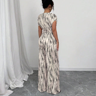 Asymmetric Tie-Waist Print Jumpsuit in Ivory &amp; Black — VerolynBoutique