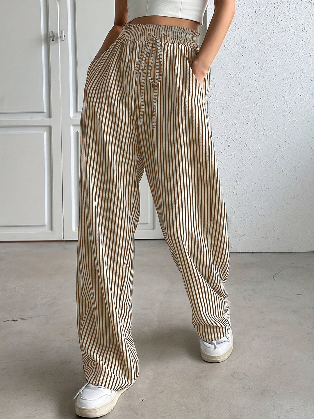 Pinstripe Drawstring Wide Leg Trousers in Brown — VerolynBoutique