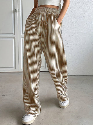 Pinstripe Drawstring Wide Leg Trousers in Brown — VerolynBoutique