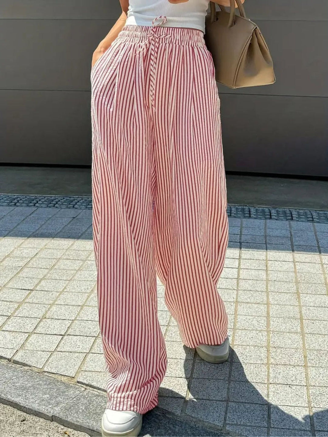 Pinstripe Drawstring Wide Leg Trousers in Red — VerolynBoutique