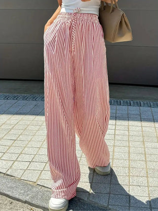 Pinstripe Drawstring Wide Leg Trousers in Red — VerolynBoutique