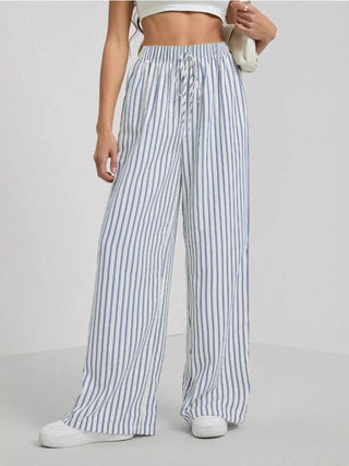 Pinstripe Drawstring Wide Leg Trousers in Light Blue — VerolynBoutique