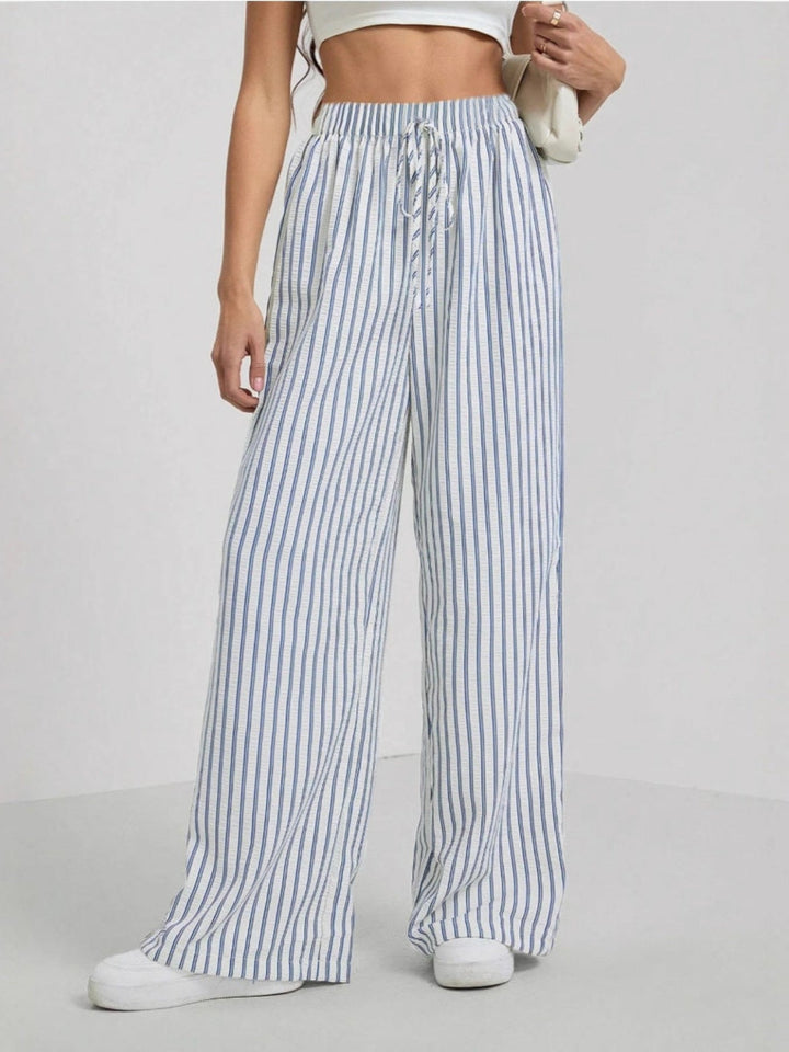 Pinstripe Drawstring Wide Leg Trousers in Light Blue — VerolynBoutique