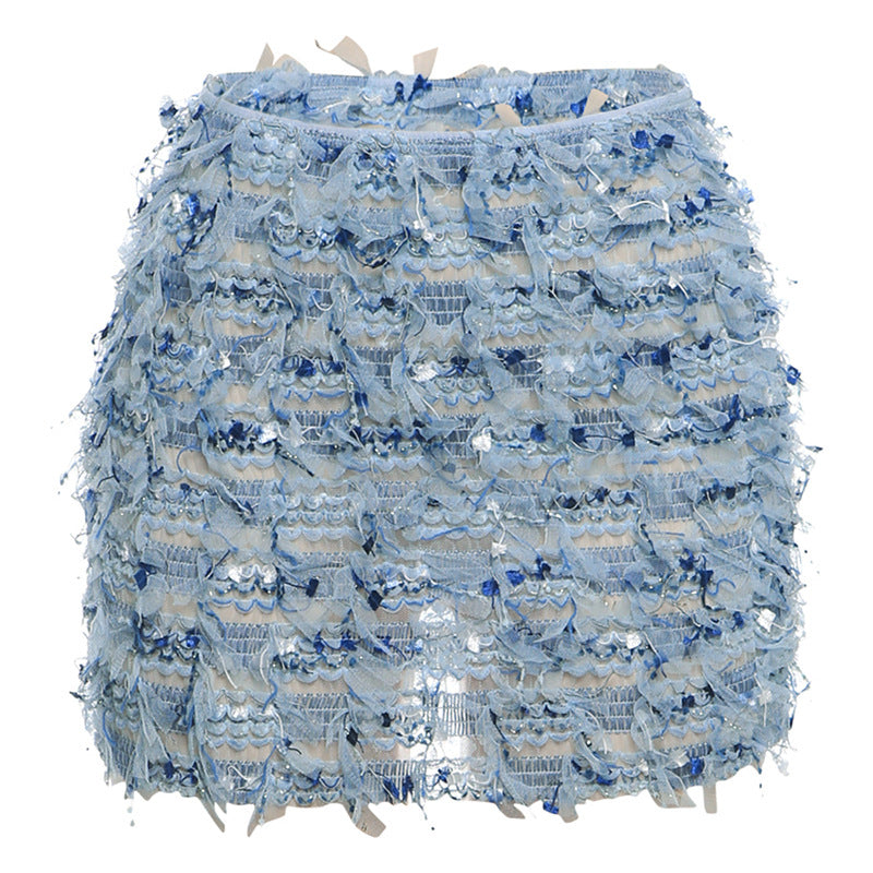 Fringe High-Waist Mini Skirt in Sky Blue — VerolynBoutique