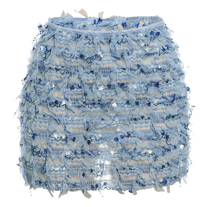Fringe High-Waist Mini Skirt in Sky Blue — VerolynBoutique