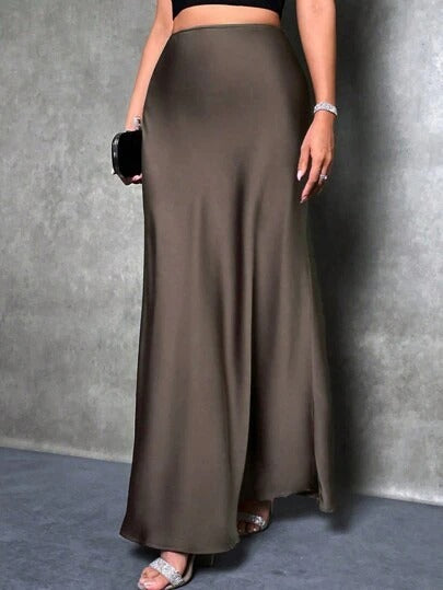 Satin High-Waist Maxi Skirt in Brown — VerolynBoutique