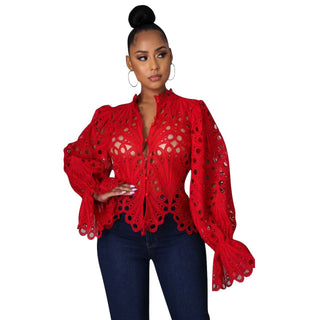 Cutout Lace Flounce Sleeve Blouse in Red — VerolynBoutique