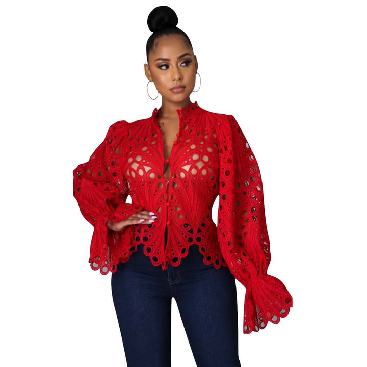 Cutout Lace Flounce Sleeve Blouse in Red — VerolynBoutique