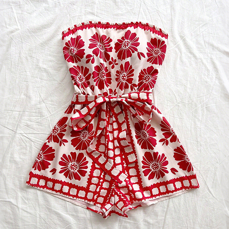 Strapless Floral Tie-Waist Playsuit in Red — VerolynBoutique