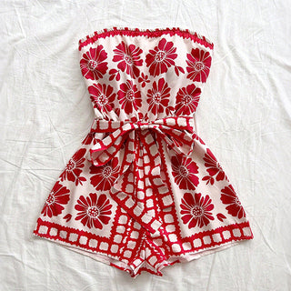 Strapless Floral Tie-Waist Playsuit in Red — VerolynBoutique