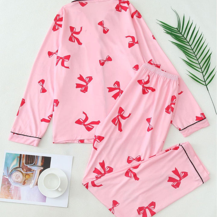 Bow Print Button Pyjama Set in White — VerolynBoutique