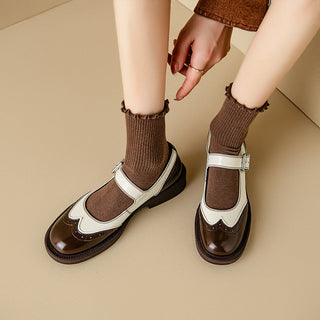 Two-Tone Brogue Mary Janes in Brown — VerolynBoutique