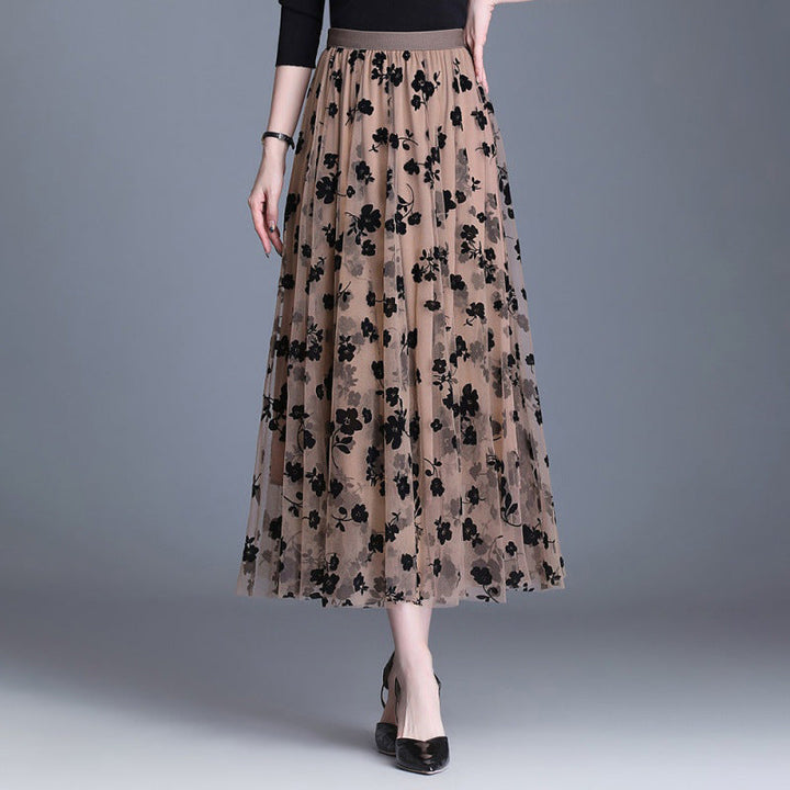 Floral Tulle Midi Skirt in Coffee Brown — VerolynBoutique