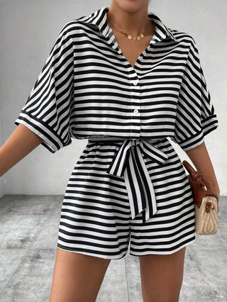 Striped Collared Tie-Front Romper in Black — VerolynBoutique