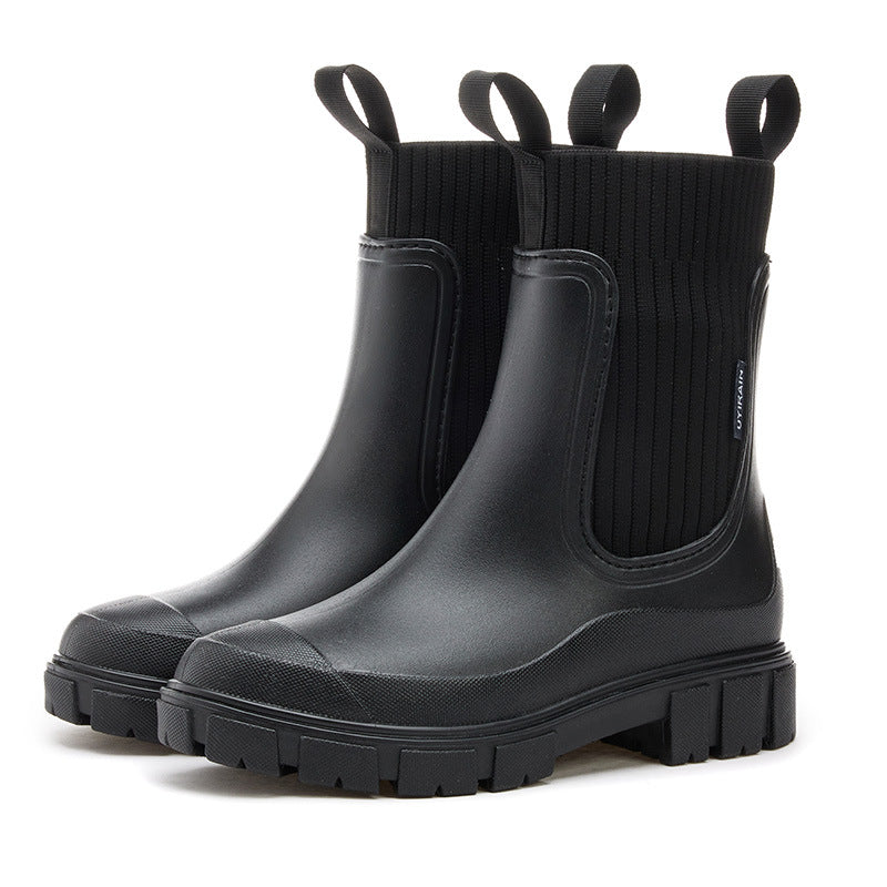Sock Collar Chelsea Rain Boots in Black — VerolynBoutique