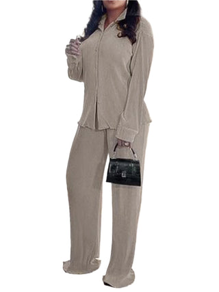 Collared Shirt Wide-Leg Trouser Set in Khaki — VerolynBoutique