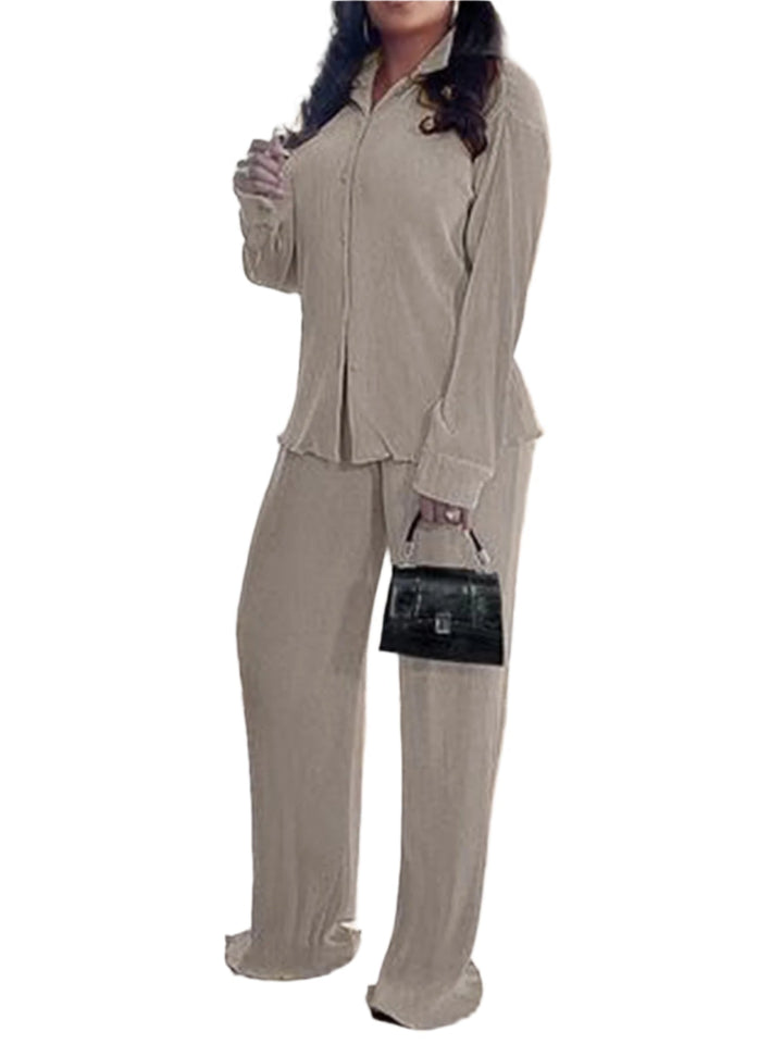 Collared Shirt Wide-Leg Trouser Set in Khaki — VerolynBoutique