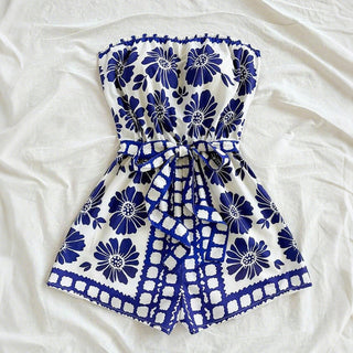 Strapless Floral Tie-Waist Playsuit in Blue — VerolynBoutique