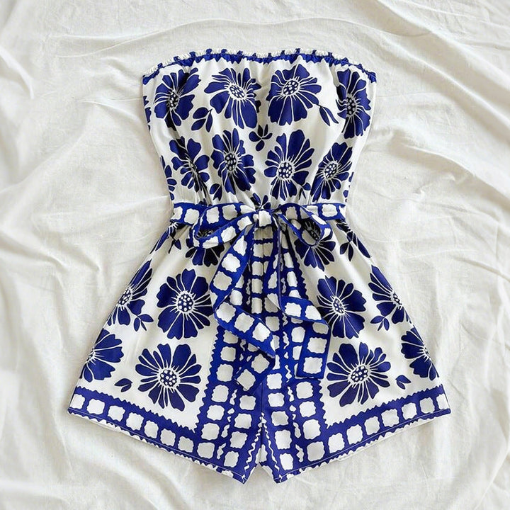 Strapless Floral Tie-Waist Playsuit in Blue — VerolynBoutique