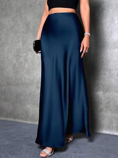 Satin High-Waist Maxi Skirt in Navy — VerolynBoutique